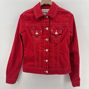 True Religion World Tour Trucker Jacket Women's Small Ruby Red Y2K Streetwear